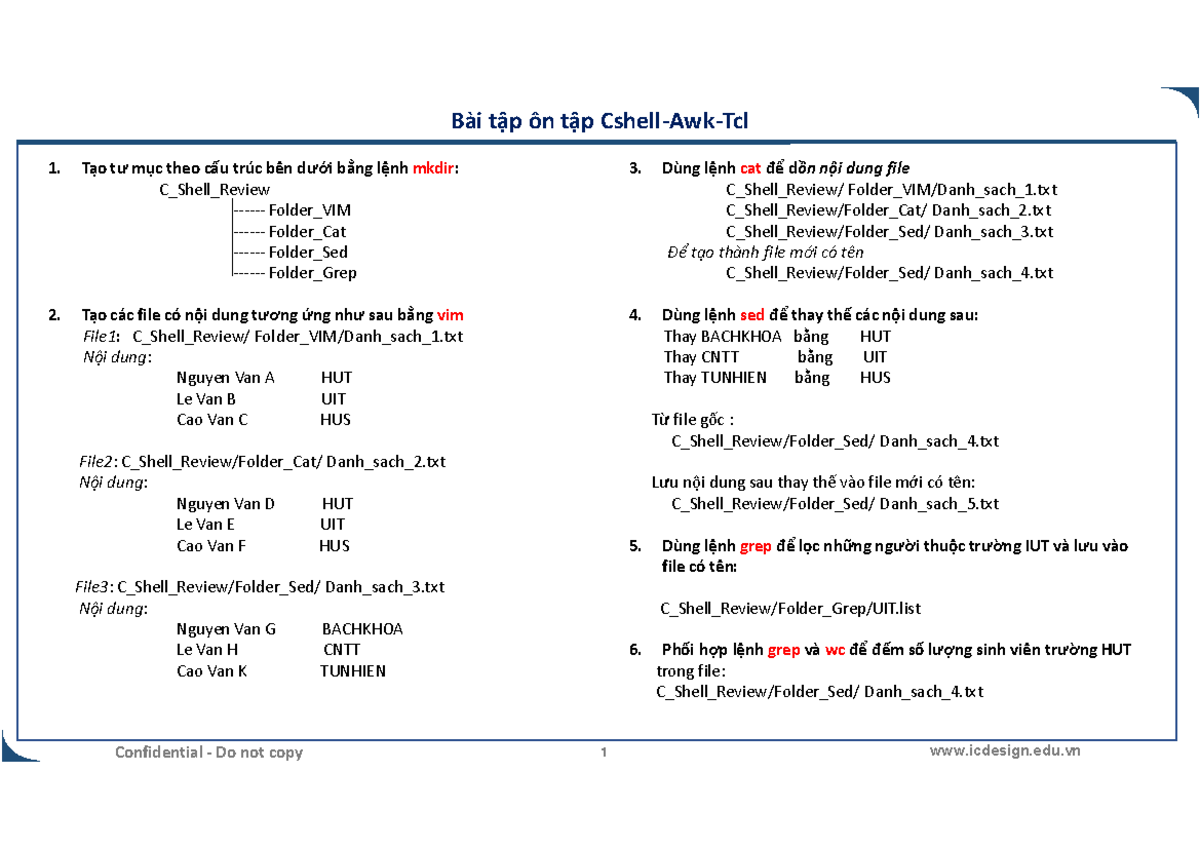 TH1: Bài Tập Cshell, Awk, Tcl - Phần Cshell Review - Studocu