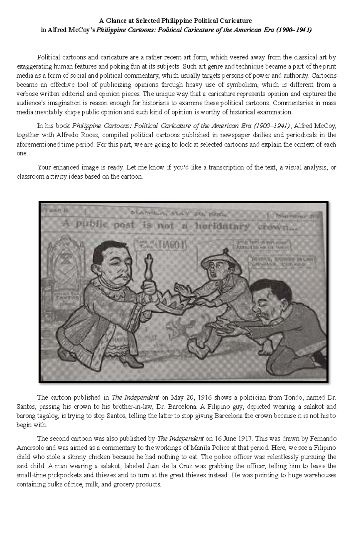 Philippine Political Caricatures: Insights from McCoy's Work - Studocu