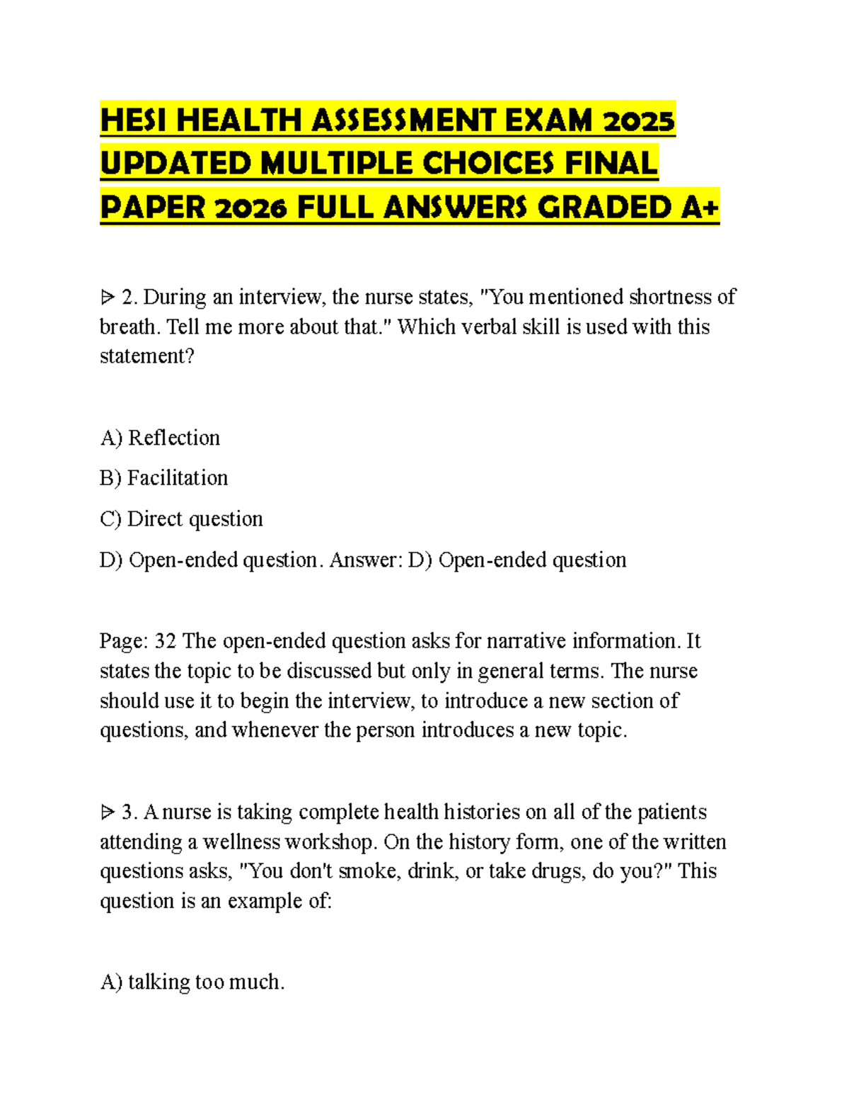 HESI Health Assessment Exam 2025: Updated Final Paper with Answers ...