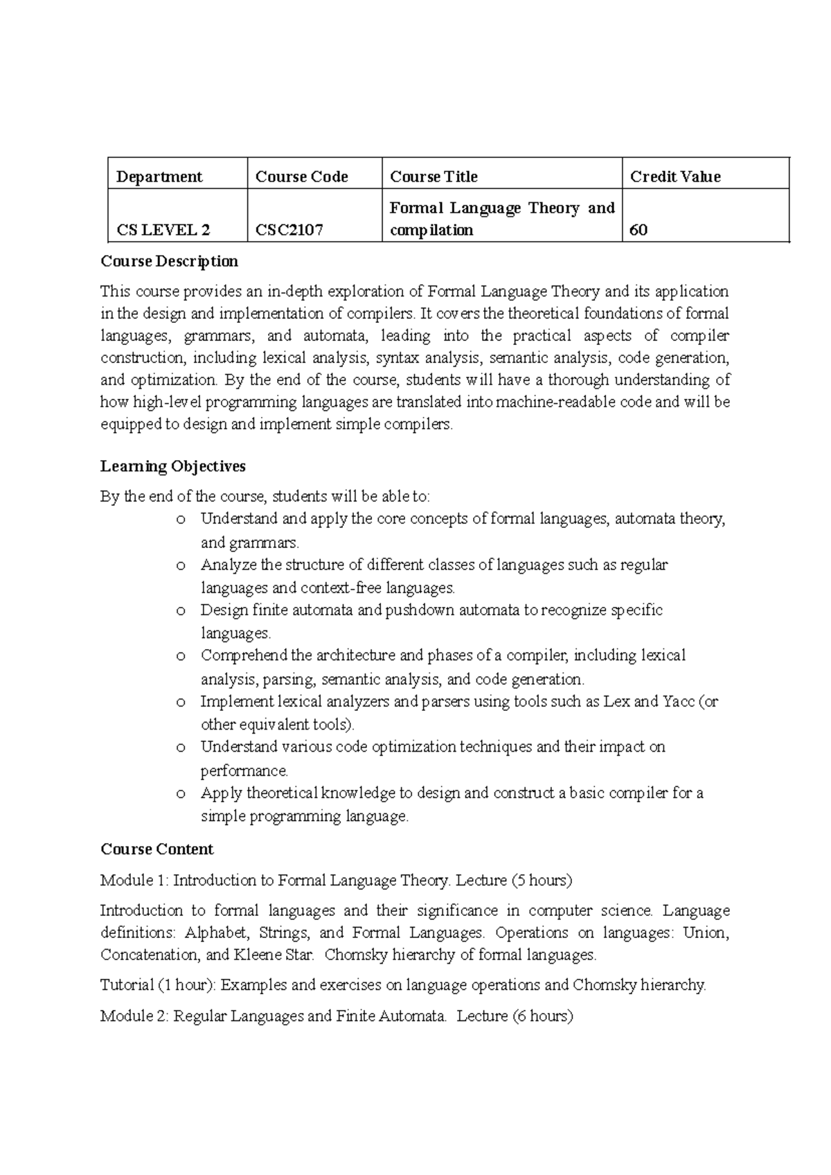 CS LEVEL 2 CSC Formal Language Theory & Compiler Design Overview - Studocu