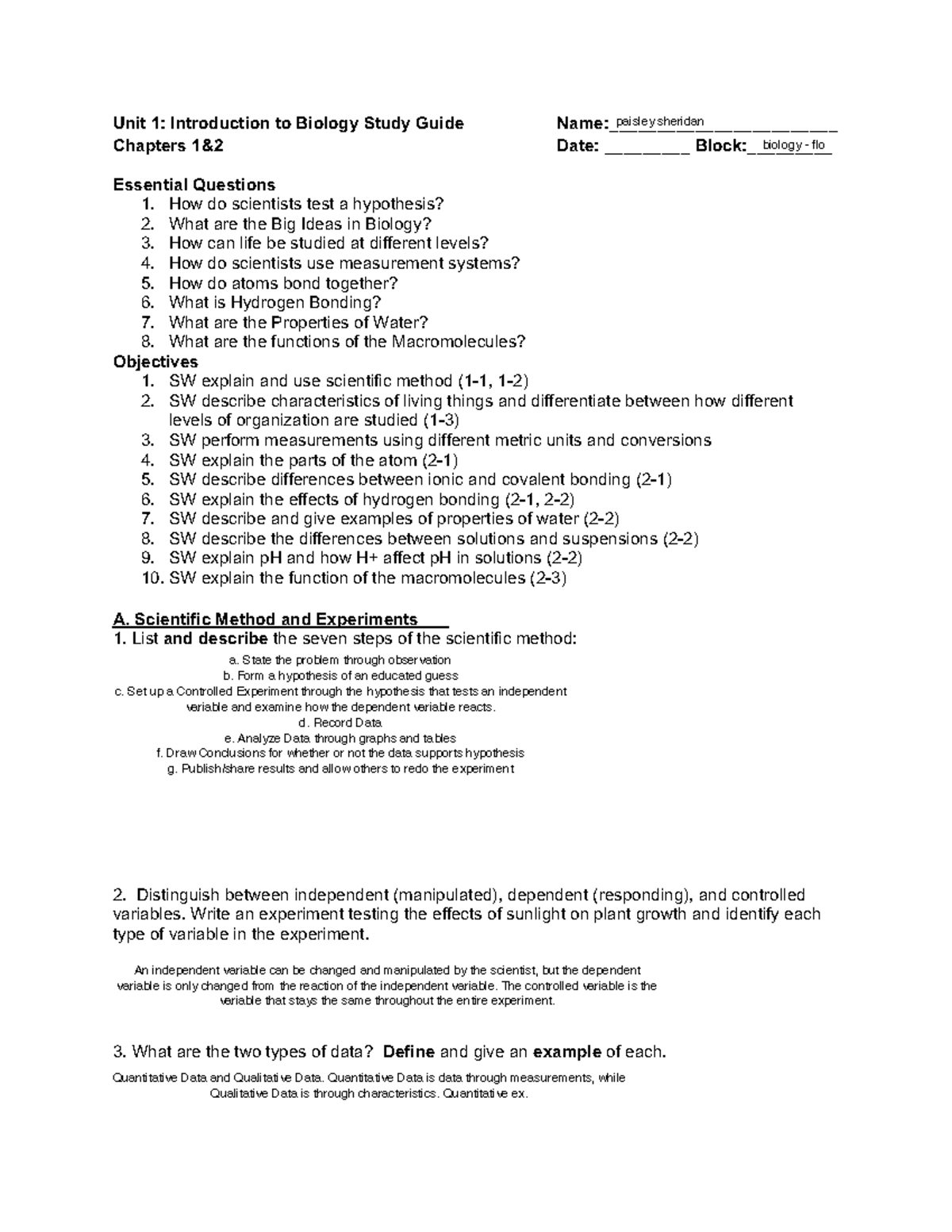 Biology Unit 1 Intro Study Guide - MB (Chapters 1 & 2) - Studocu
