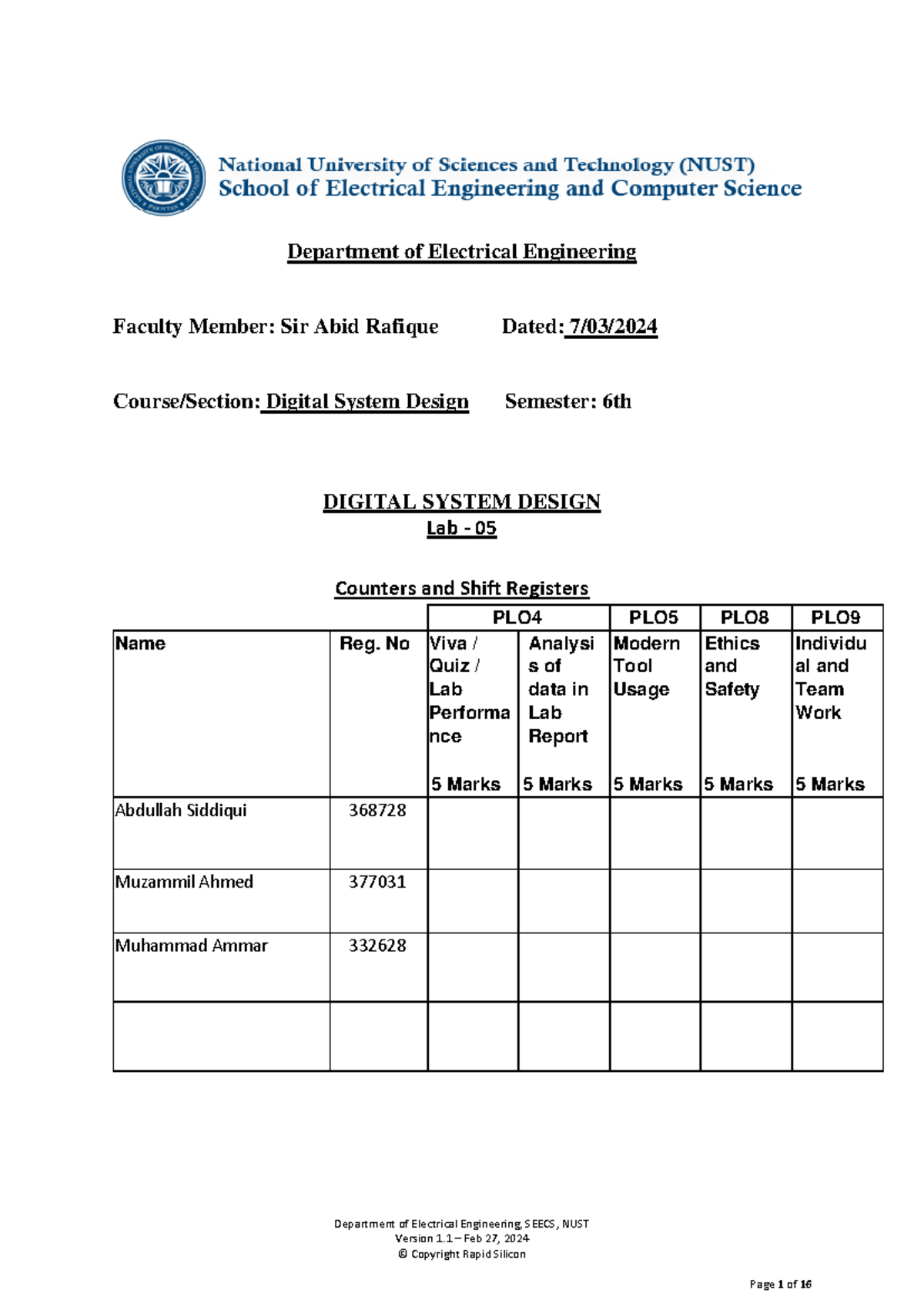Lab 5: Design and Implementation of Counters & Shift Registers (DSSD ...