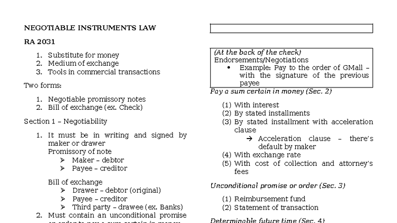 Negotiable Instruments Law RA 2031: Key Concepts and Discussion Notes ...