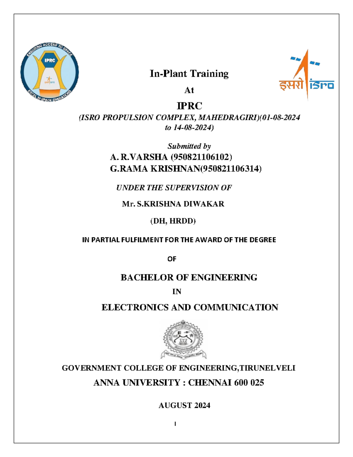 In-Plant Training Report at ISRO Propulsion Complex (IPRC): August 2024 ...