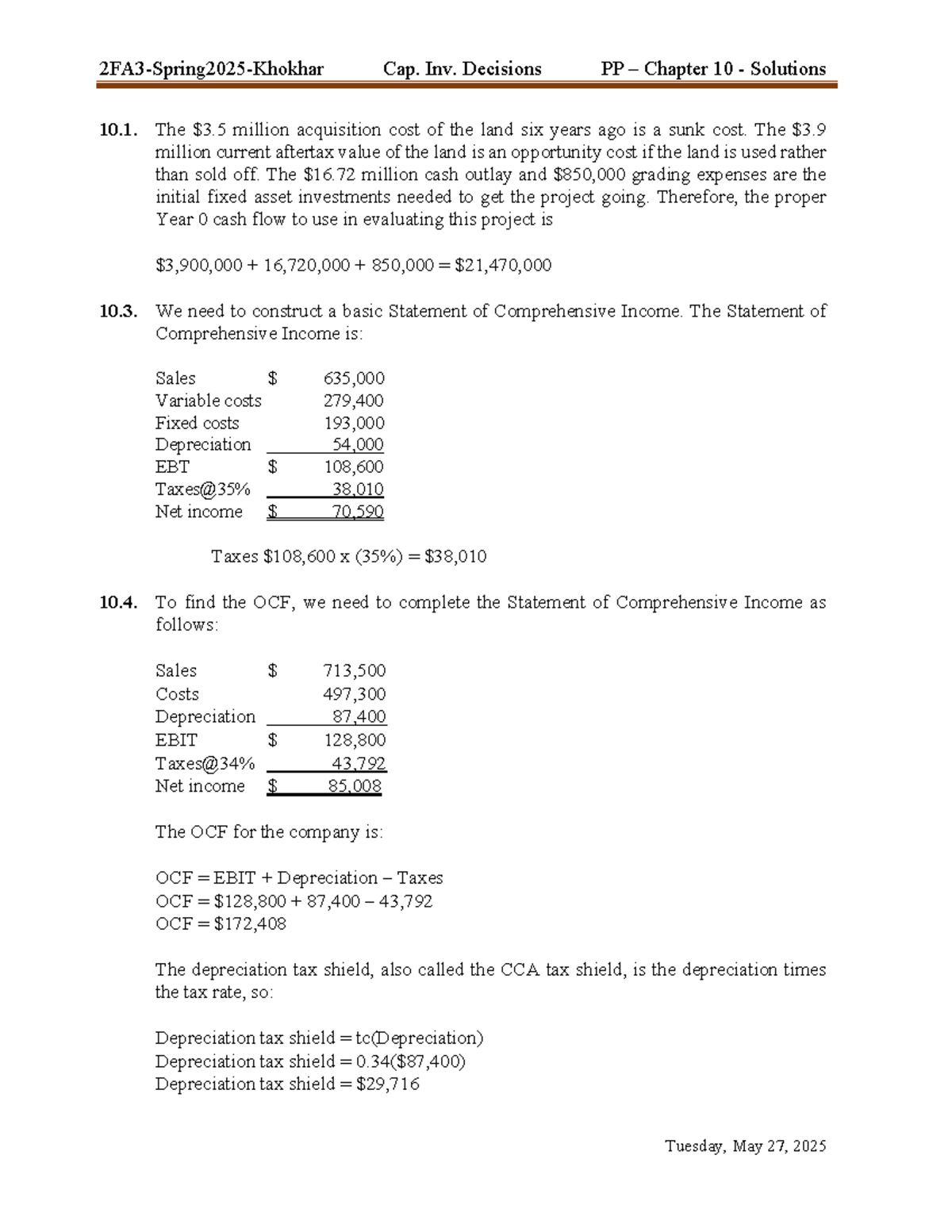 2FA3 - Practice Problem Solutions for Chapter 10: Capital Investment ...
