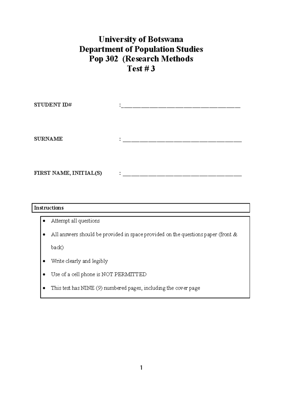 Pop 302 Research Methods Test 3: Practical & MCQ Questions - Studocu