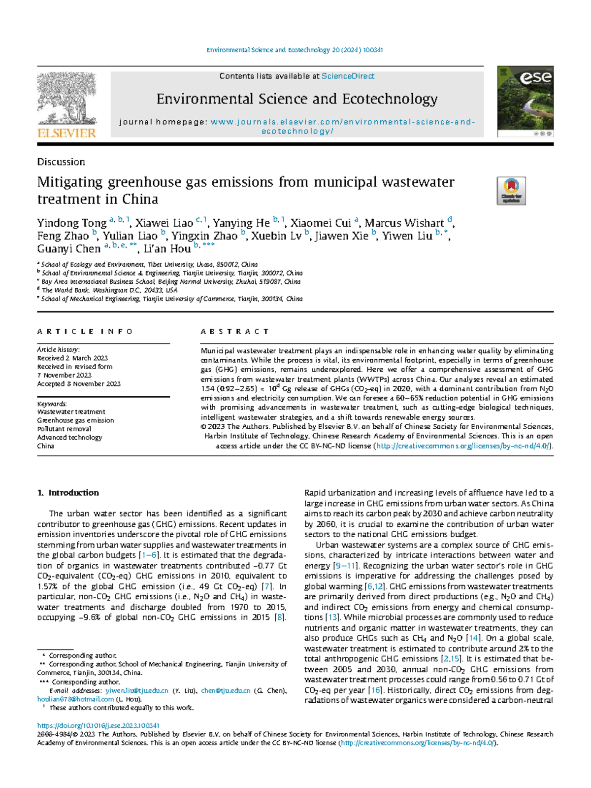 Mitigating GHG Emissions from Municipal Wastewater Treatment in China ...