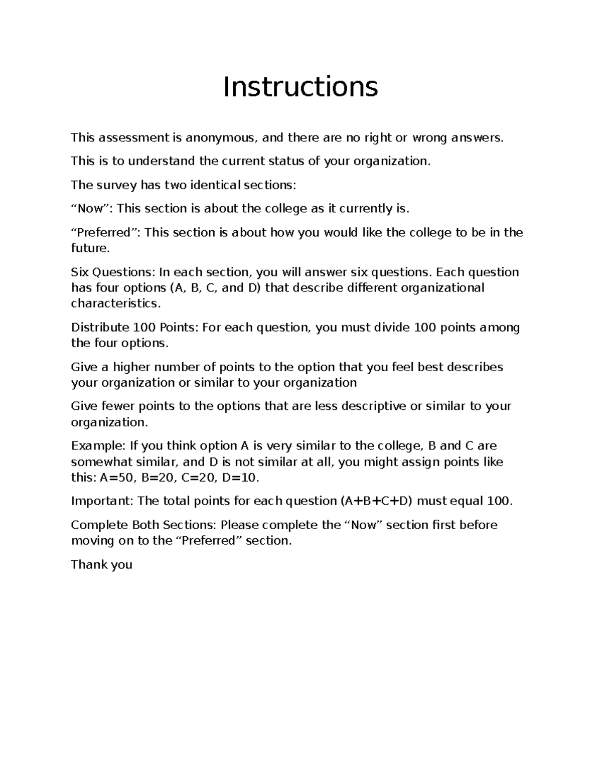 OCAI Instructions - Assessment Notes for Organizational Status - Studocu