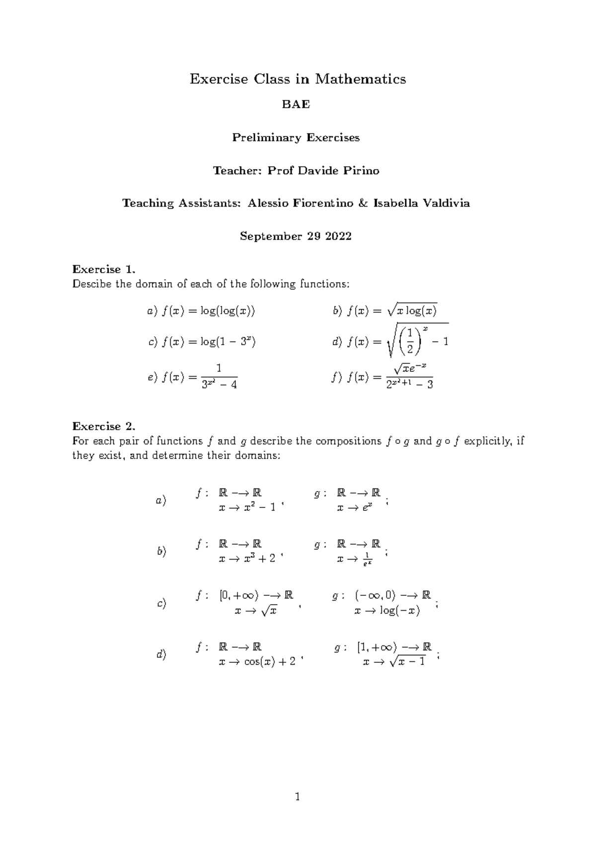 Third Exercise Class in Mathematics BAE - September 2022 Notes - Studocu