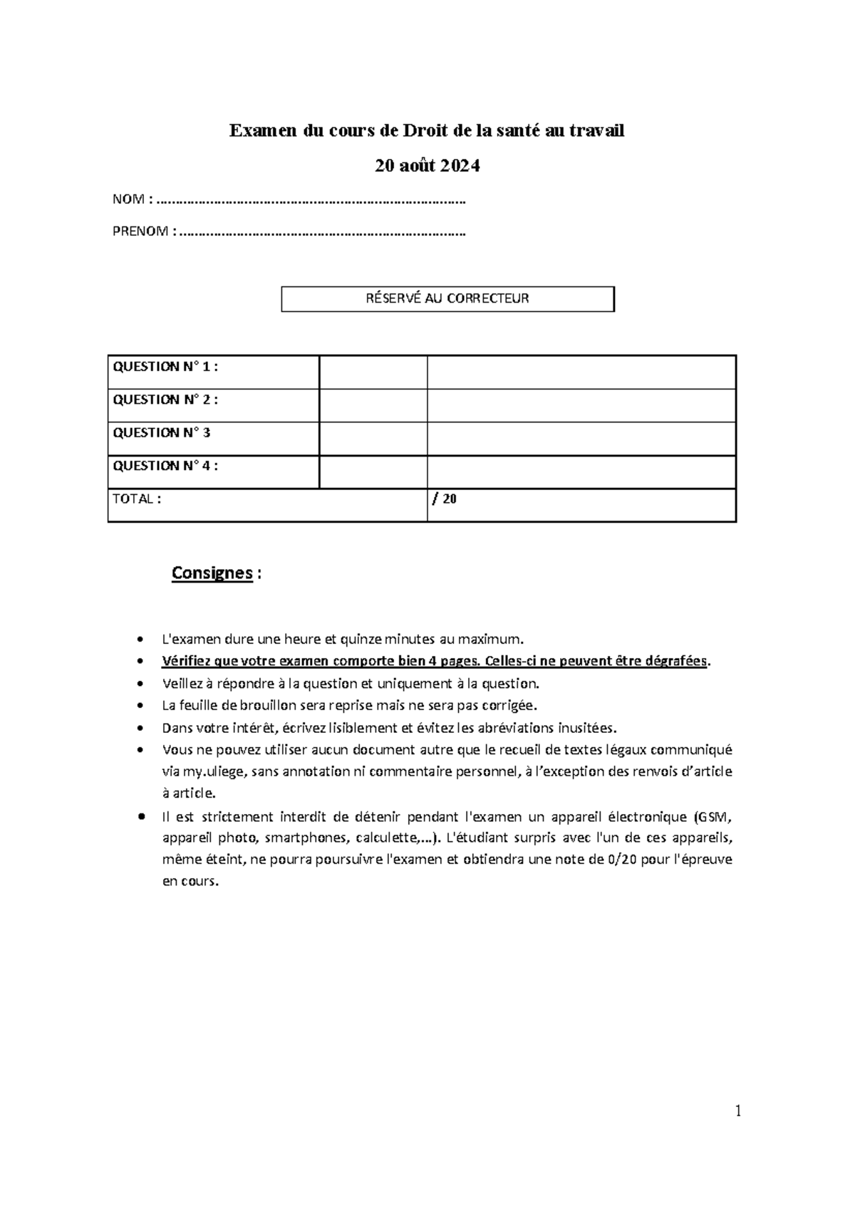 Examen aout 2024 Droit de la santé au travail - Examen du cours de ...