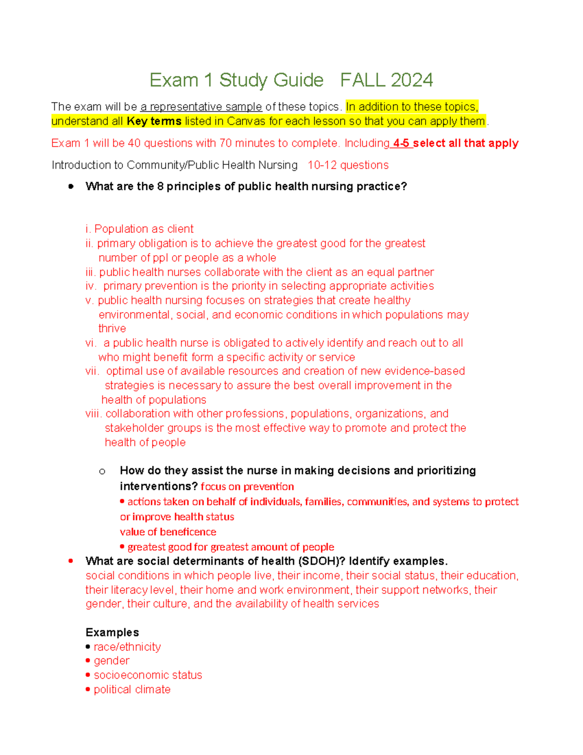 Exam 1 Study Guide for Health Nursing - FA24 - Studocu