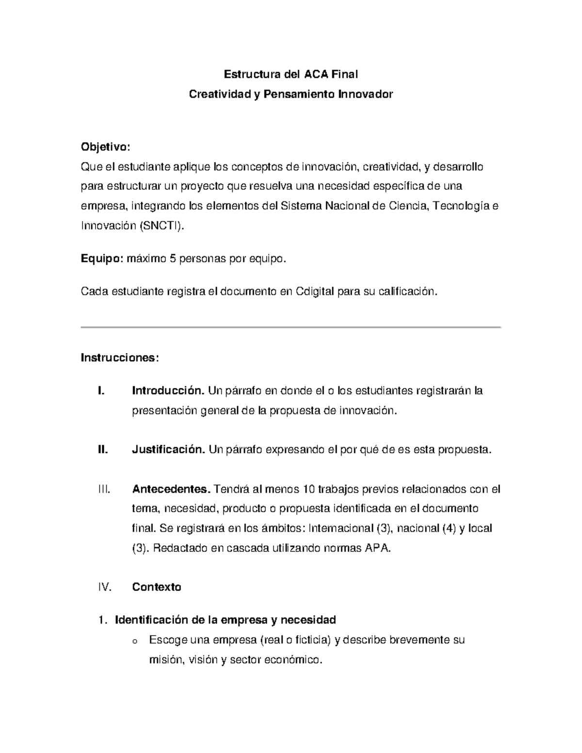 Estructura del ACA Final Creación y Pensamiento Innovador - Estructura ...