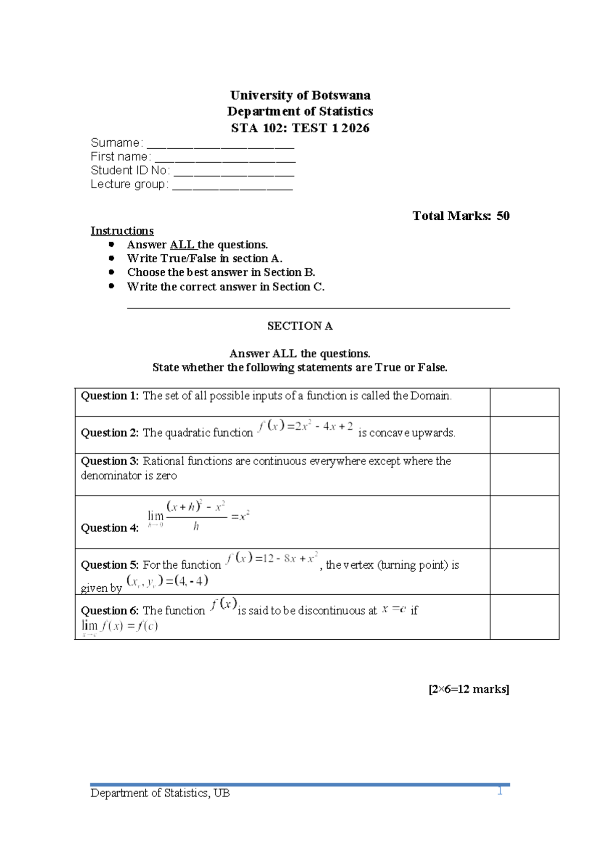 STA 102: TEST 1 2026 - Department of Statistics Exam Paper - Studocu