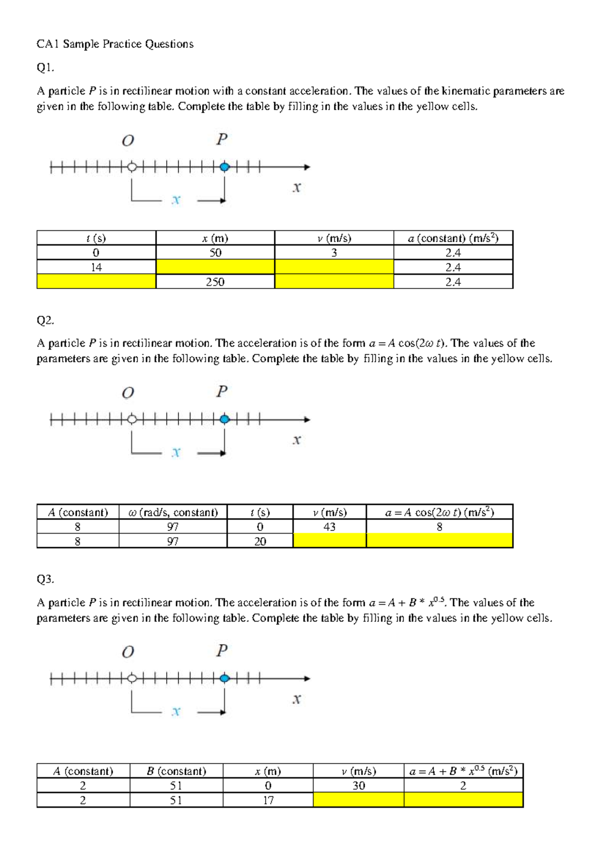 CA1 Sample Practice Questions on Rectilinear Motion and Acceleration ...