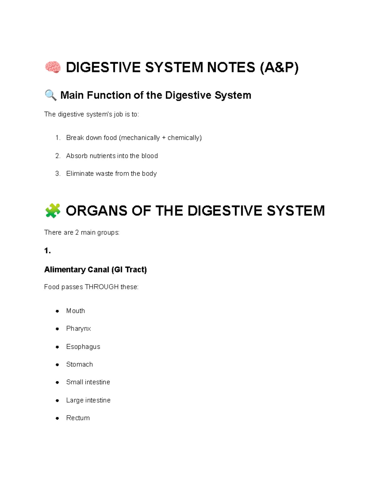 A&P Digestive System Notes: Functions & Organs Explained - Studocu