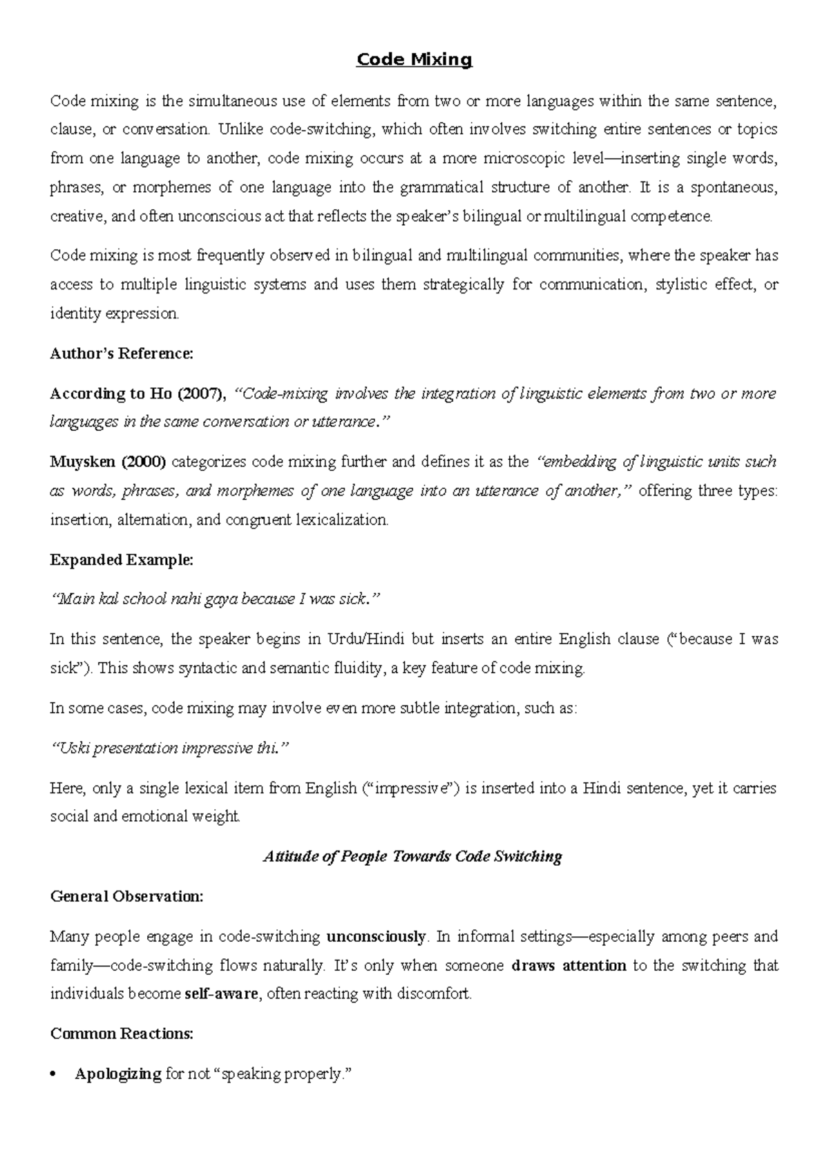 Code Mixing: Understanding Its Dynamics and Social Implications - Studocu