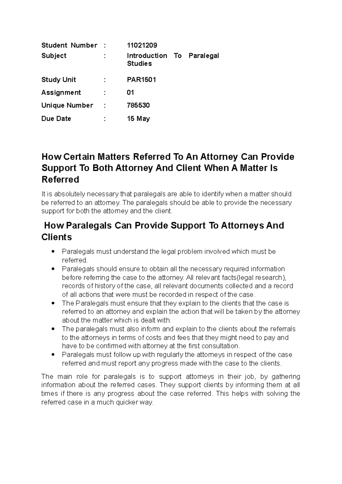 PAR1501 Assignment 1 - Role of Paralegals in Client Referrals - Studocu