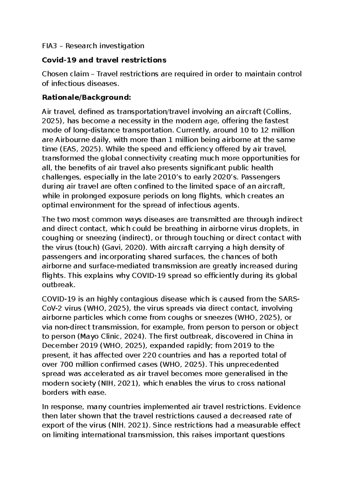 Biology FIA3 Research on Travel Restrictions and Infectious Disease ...