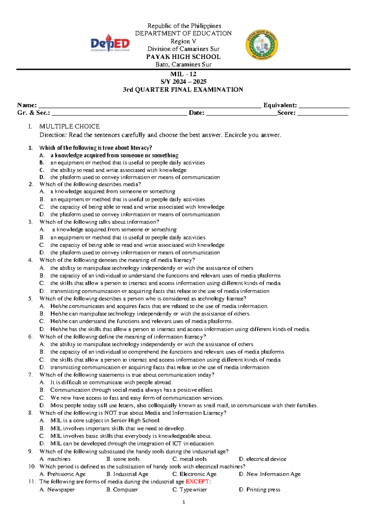 Grade 12 MIL - 12 3rd Quarter Final Examination Review Notes - Studocu