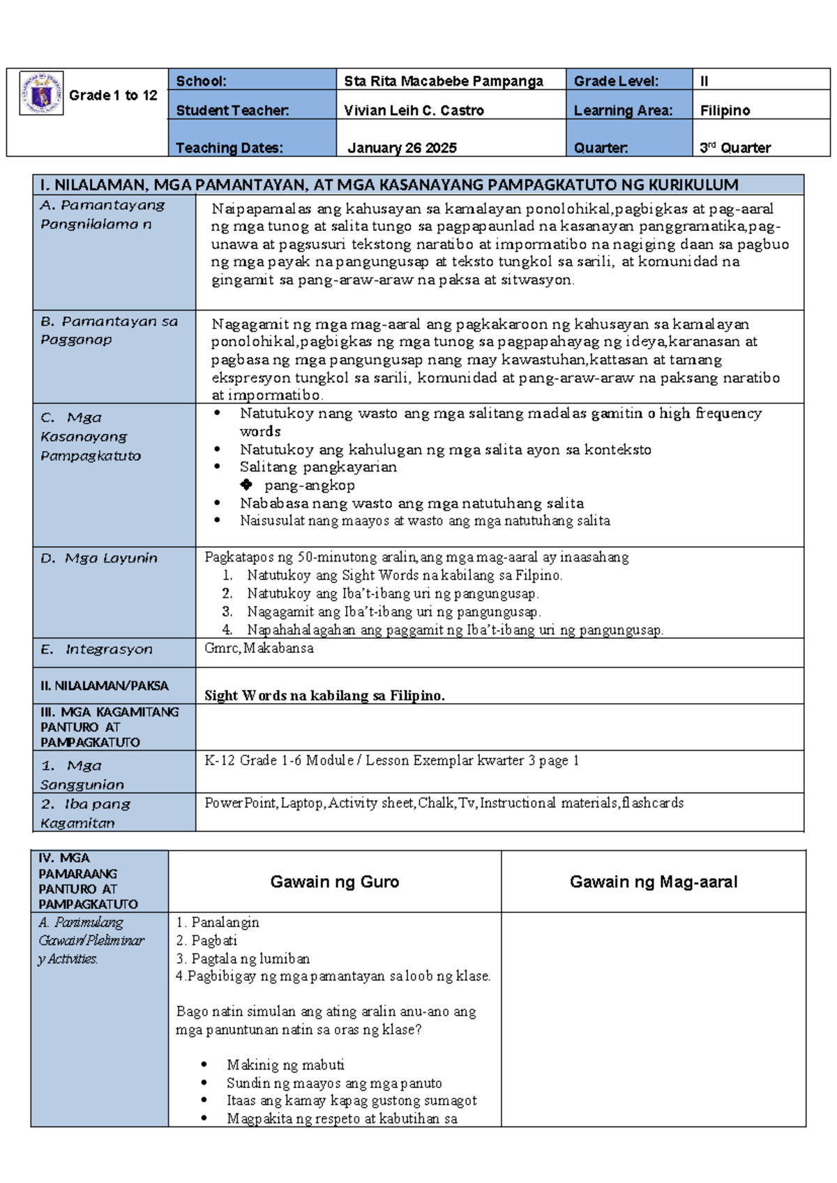 Filipino 120LP - Grade 2 Lesson Plan on Sentence Types - Studocu