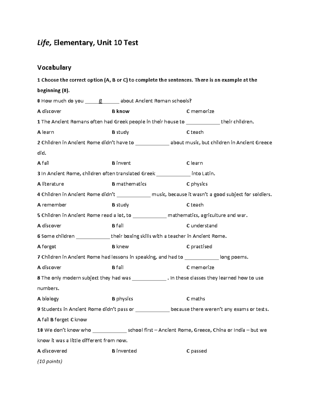 Life 2e Elementary Unit 10 Test: Vocabulary & Grammar Exercises - Studocu