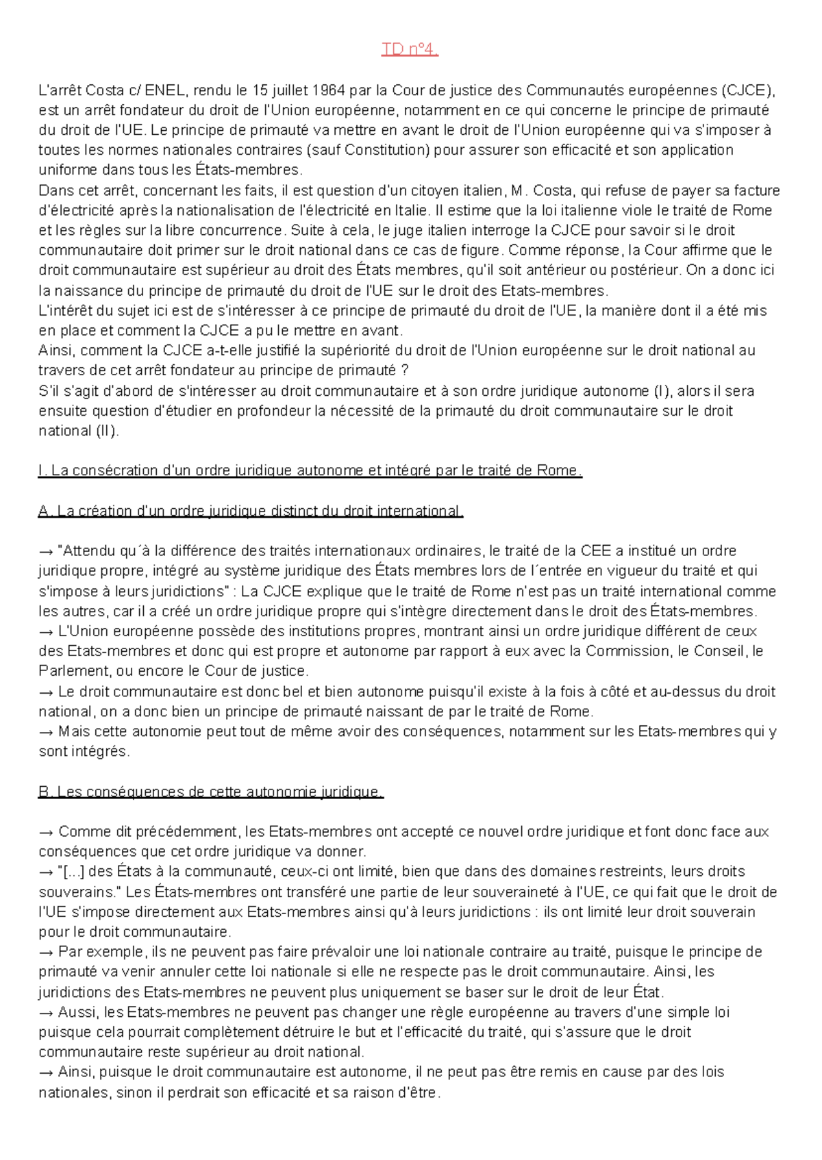 TD n°4 - Analyse de l'arrêt Costa de la CJCE sur la primauté du droit ...