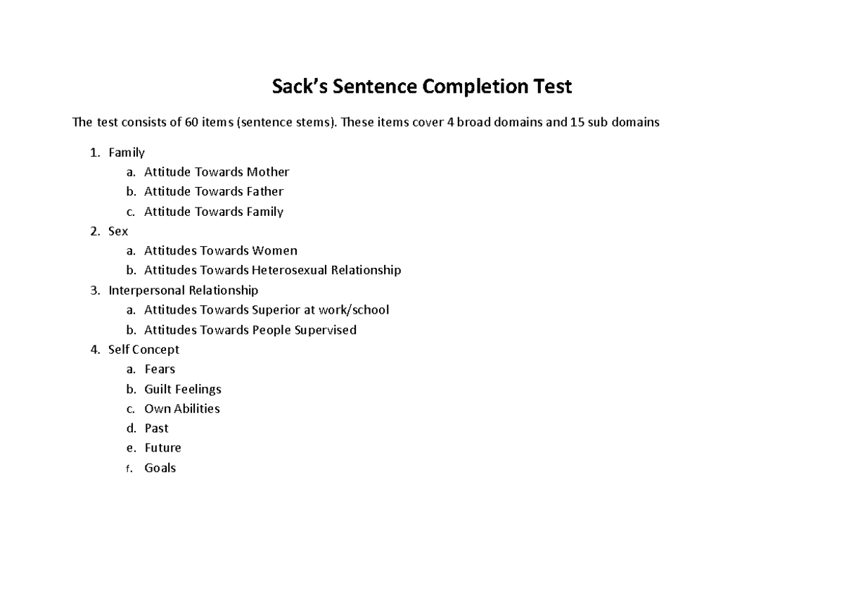SSCT: Sentence Completion Test Overview and Domains - Studocu