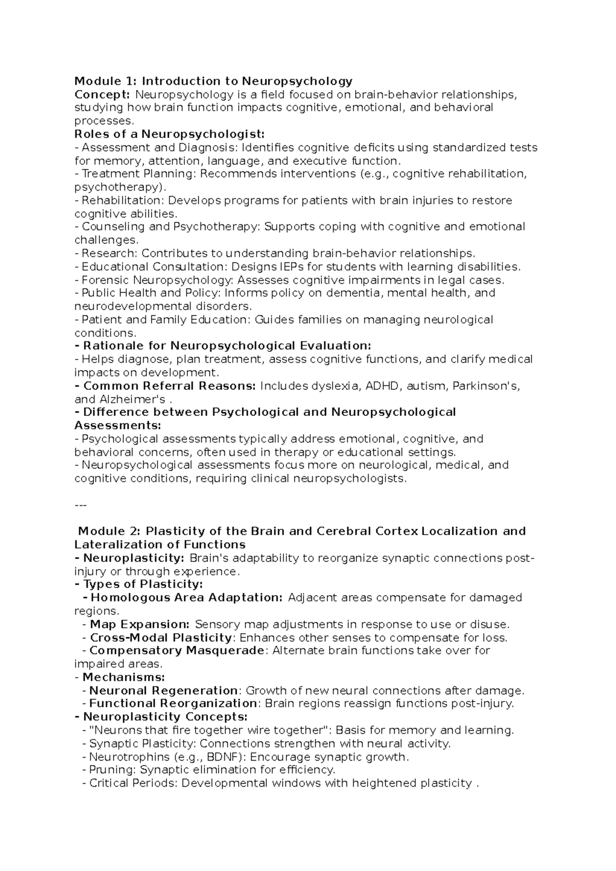 Neuronotes: Neuropsychology concepts and brain functions overview - Studocu