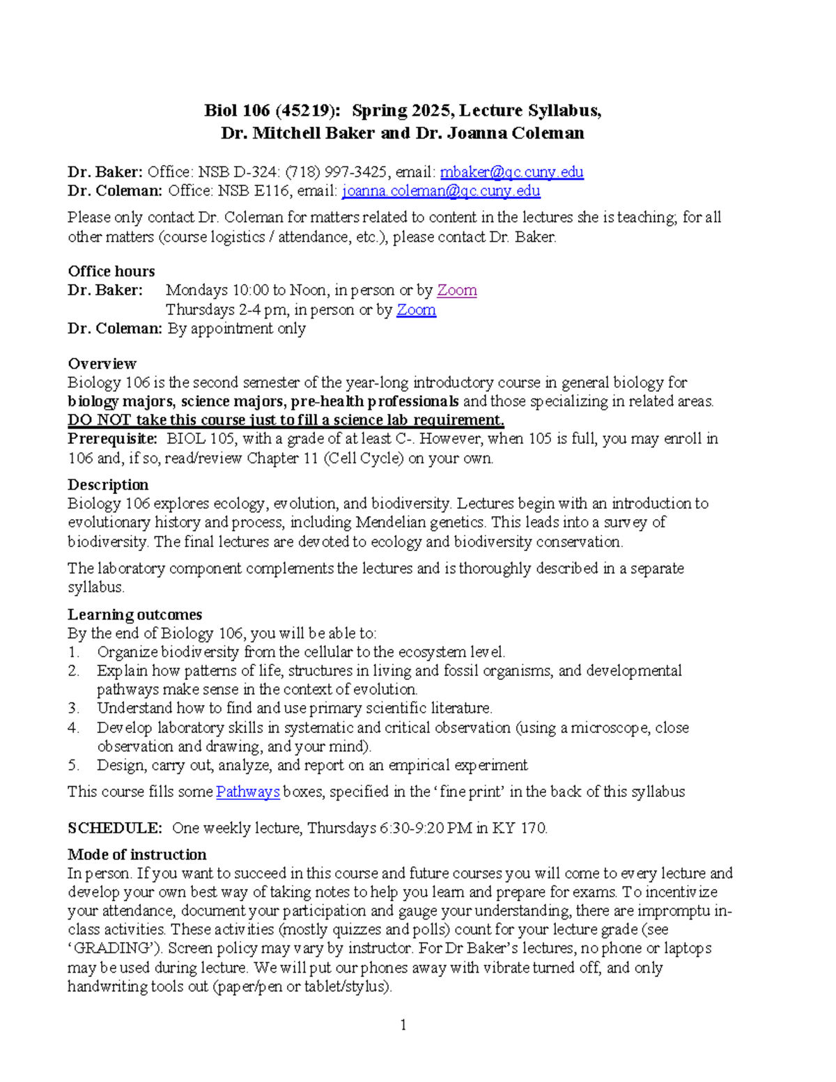 BIO 106 (45219): Spring 2025 Lecture Syllabus Overview - Studocu