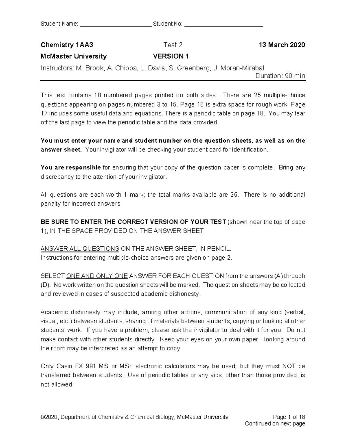 Chemistry 1AA3 Test 2 Practice Version 1 - March 13, 2020 - Studocu