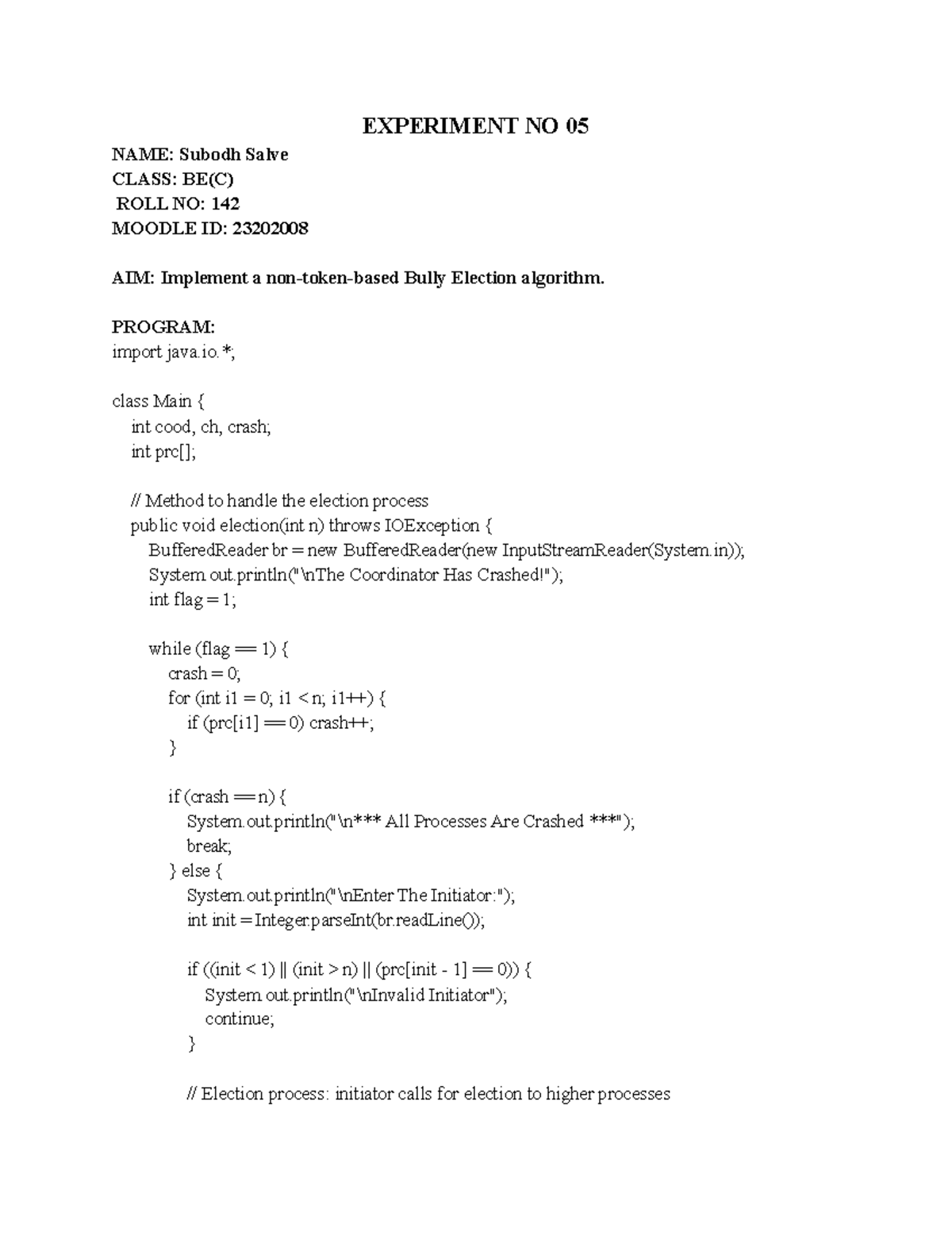 Bully Election Algorithm Implementation - BE(C) Experiment No. 05 - Studocu
