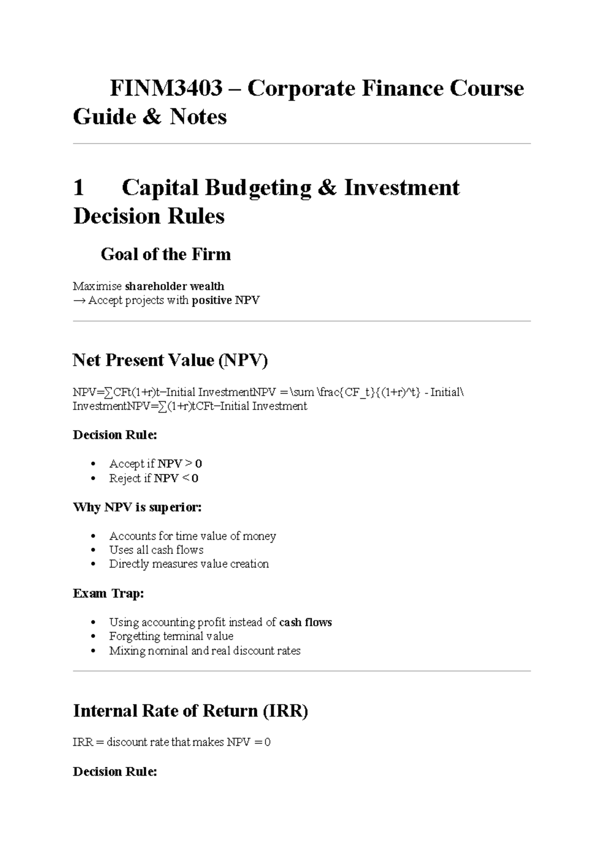 FINM3403 - Corporate Finance Lecture Notes: Capital Budgeting & NPV ...