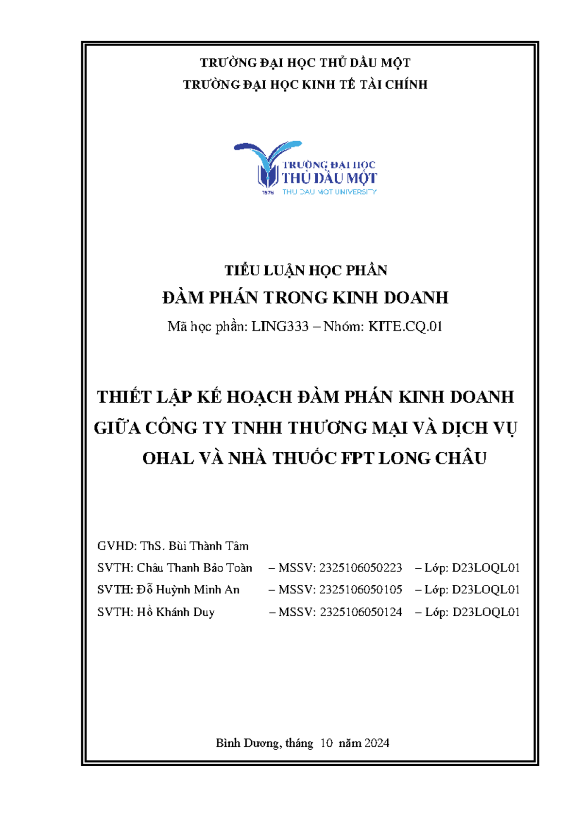 202409 LING333 Tiểu Luận Đàm Phán Kinh Doanh: OHAL & FPT Long Châu ...