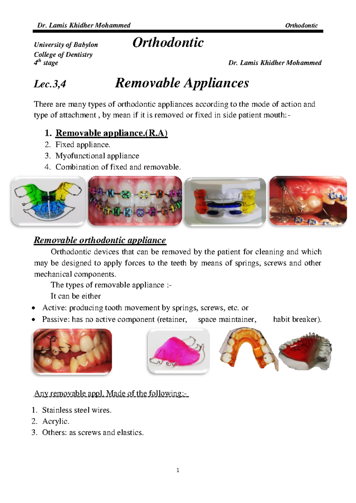Lec 4: Removable Orthodontic Appliances - Detailed Overview - Studocu