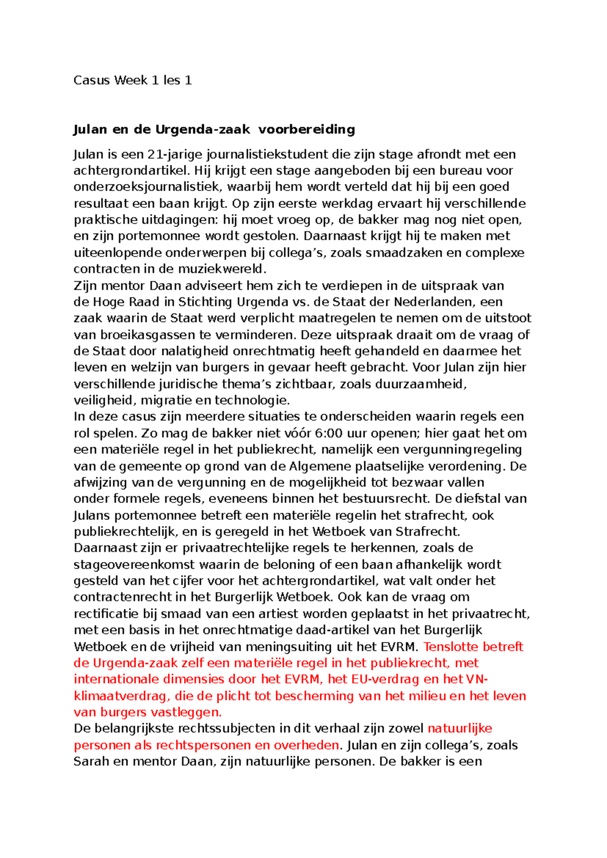 Casus Week 1 Les 1: Julan's Stage en Juridische Uitdagingen - Studeersnel