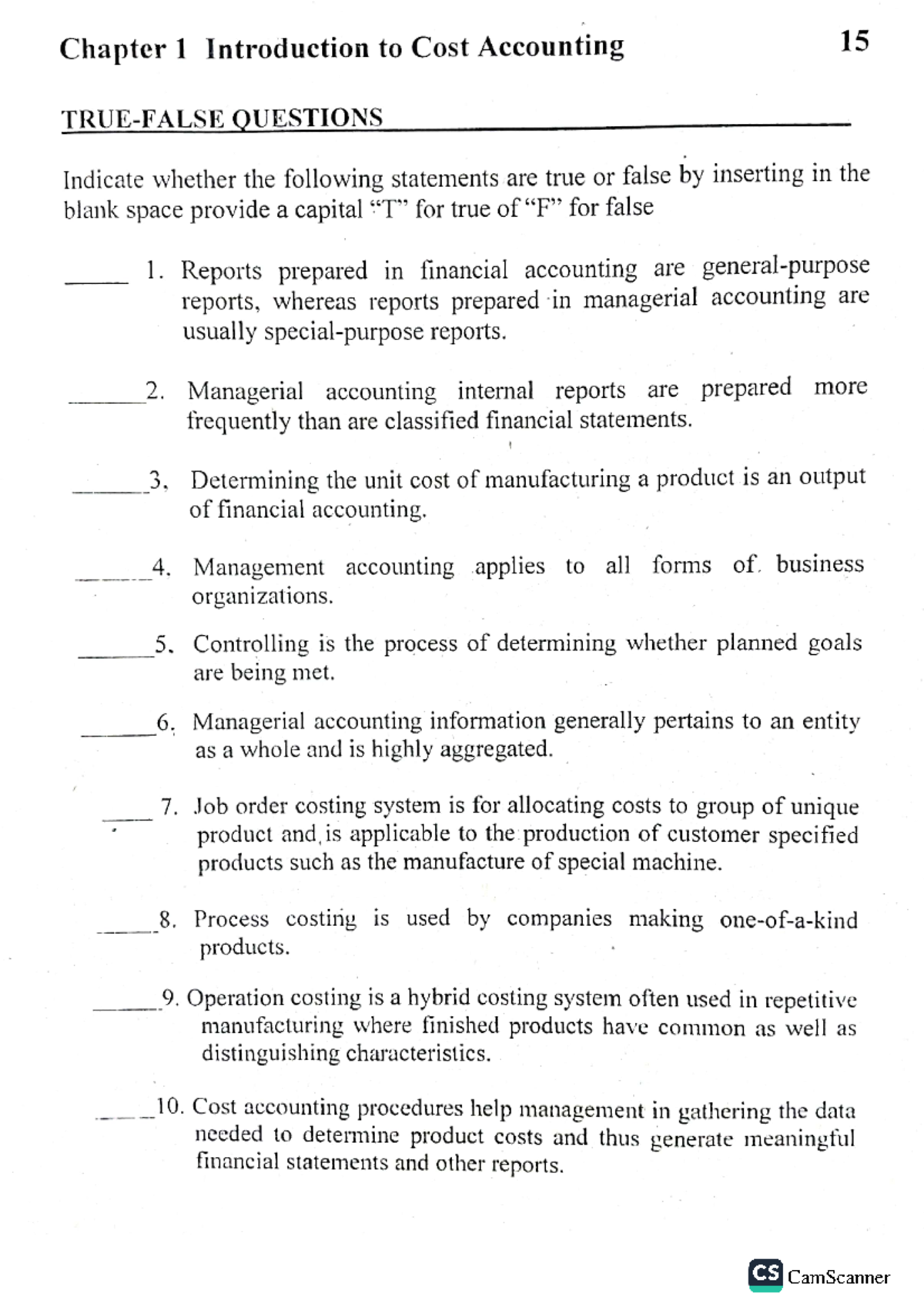 COST - Chapter 1 to 2 Questions and Problems Overview for Accounting ...