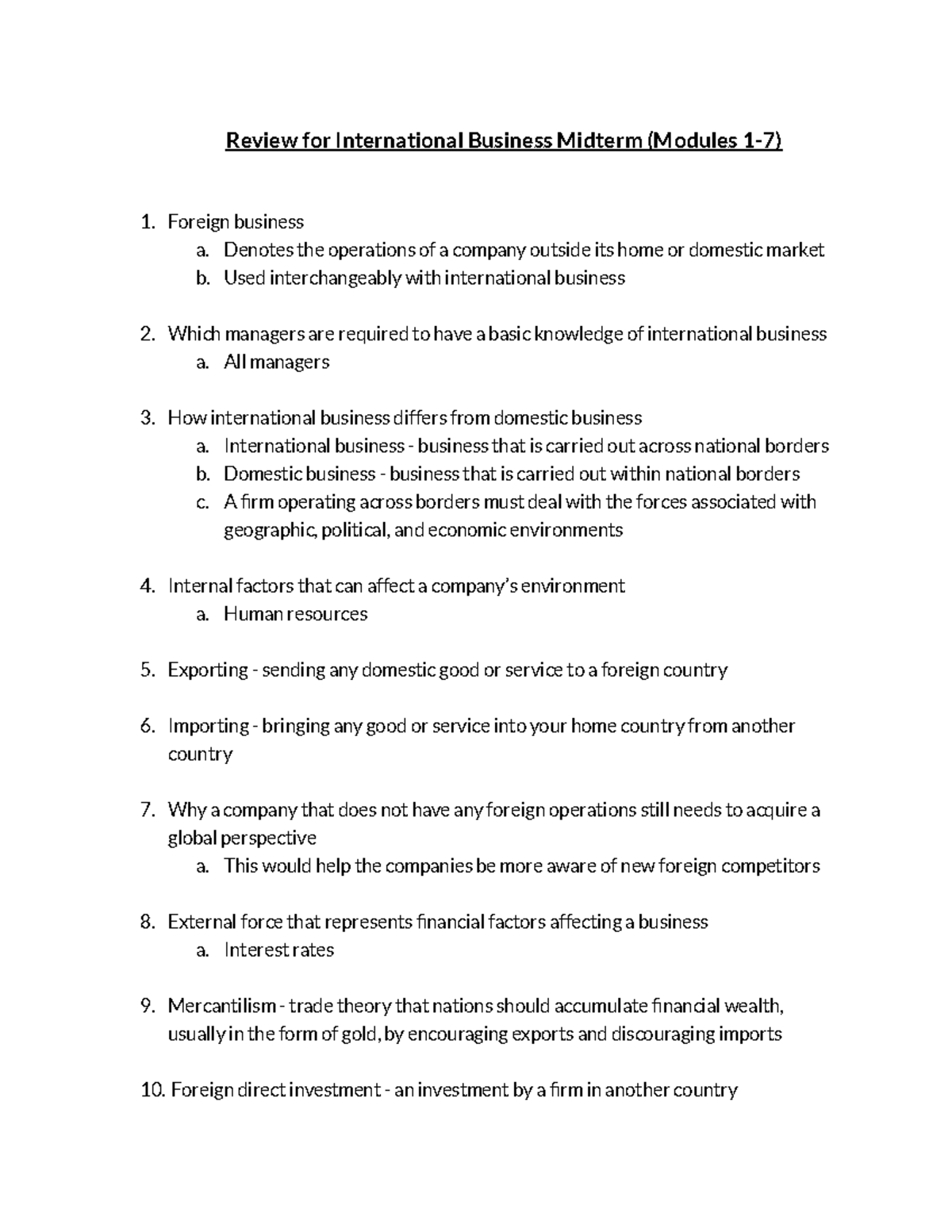 International Business (IB 101) Midterm Review Notes - Studocu