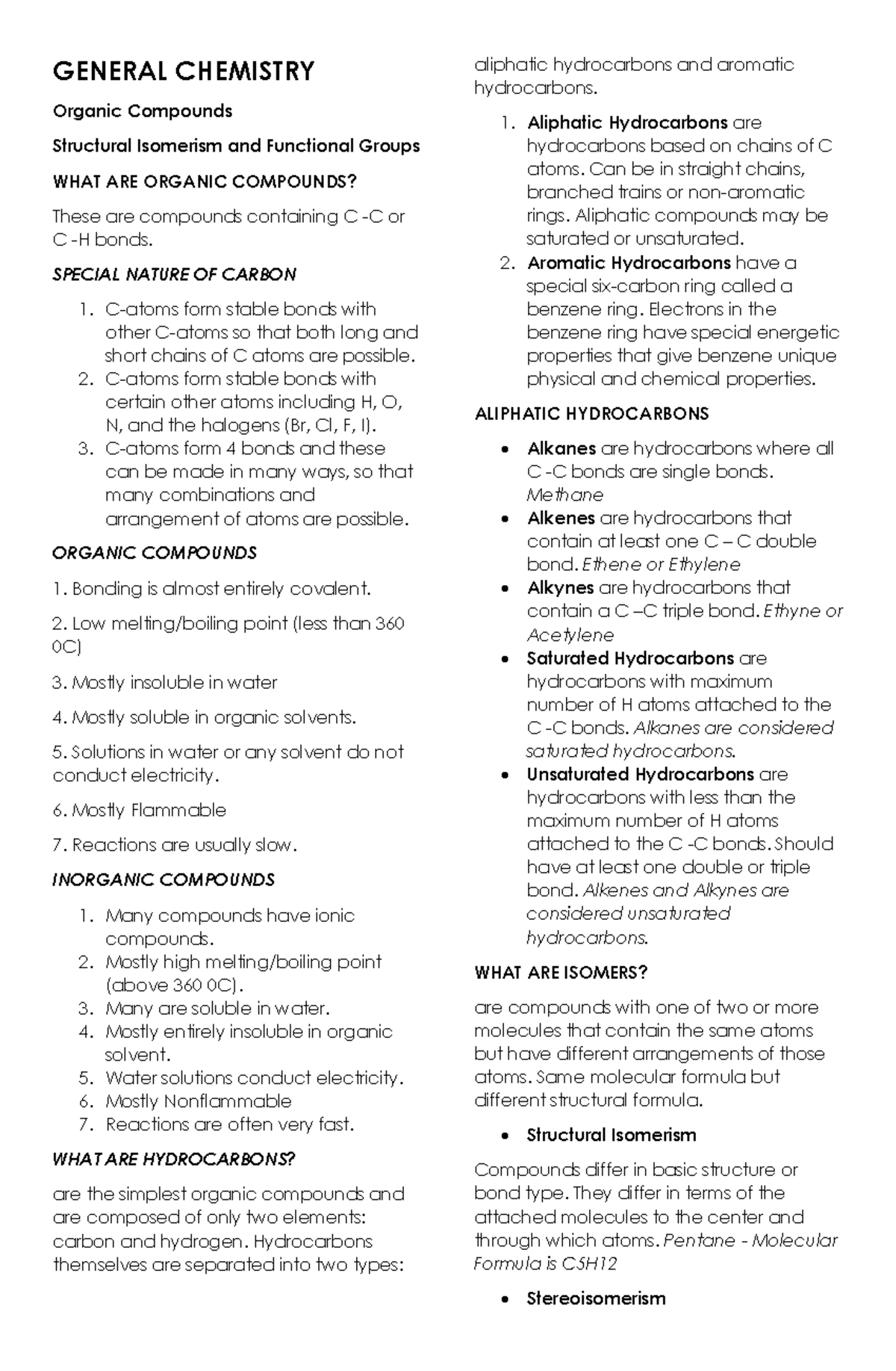 General Chemistry (Chemistry) - Organic Compounds Notes - Studocu