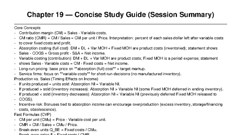Chapter 19 Variable Costing & Analysis: Key Concepts Overview - Studocu