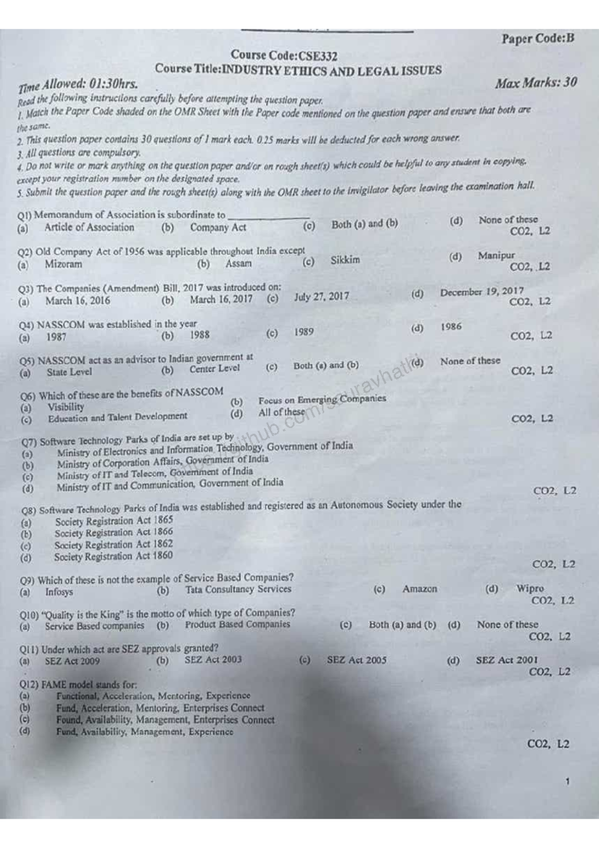 CSE332 Set B - Industry Ethics & Legal Issues Exam Paper - Studocu