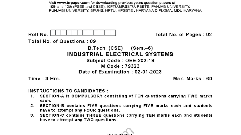 IES(6th) Dec 2023 - Previous Year Questions for Industrial Electrical ...