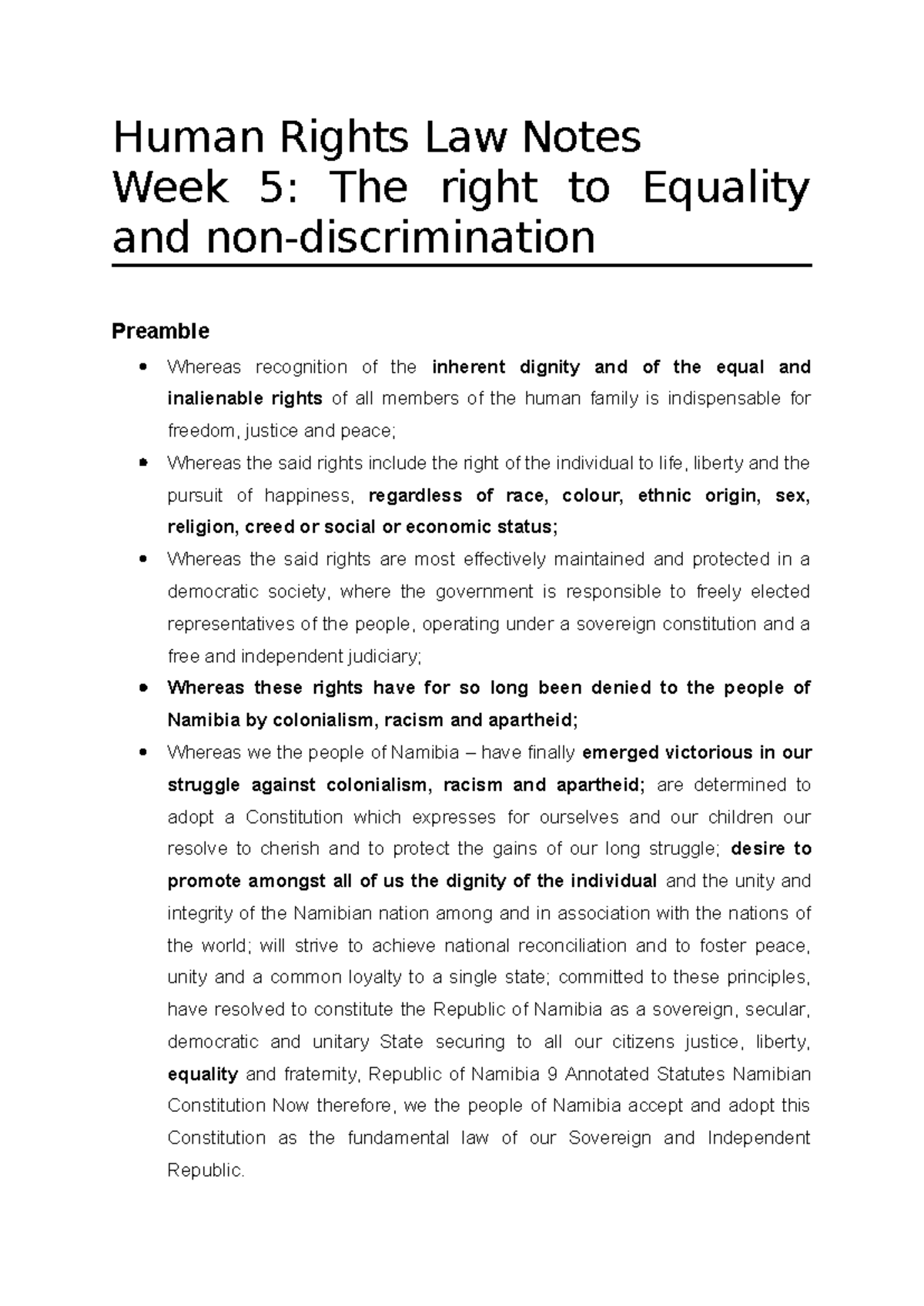 WEEK FIVE equality - examprep - Human Rights Law Notes Week 5: The ...