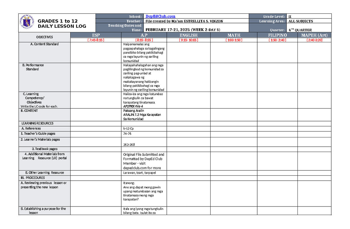 DLL ALL Subjects 2 Q4 W2 D5l - GRADES 1 to 12 DAILY LESSON LOG School ...