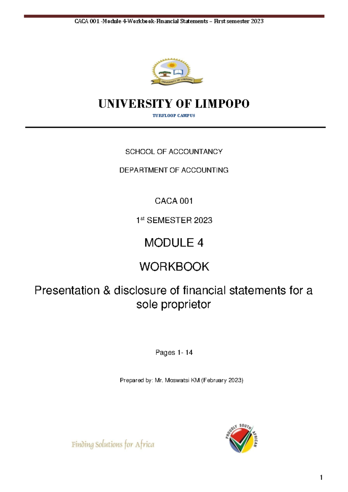 CACA 001 - Module 4 Workbook: Financial Statements for 1st Sem 2023 ...