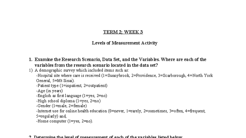 T2W3 Levels of Measurement Activity - Research Scenario Analysis - Studocu
