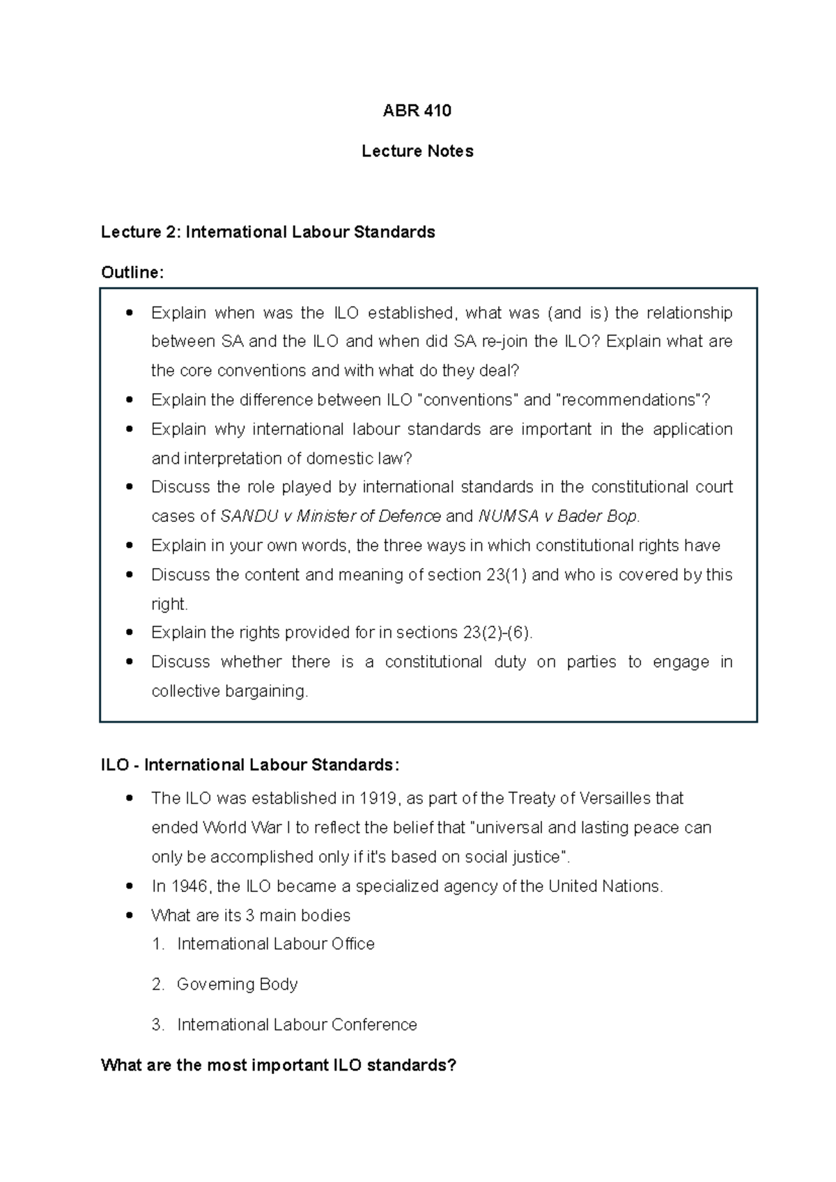 ABR 410 Lecture Notes: International Labour Standards Overview - Studocu