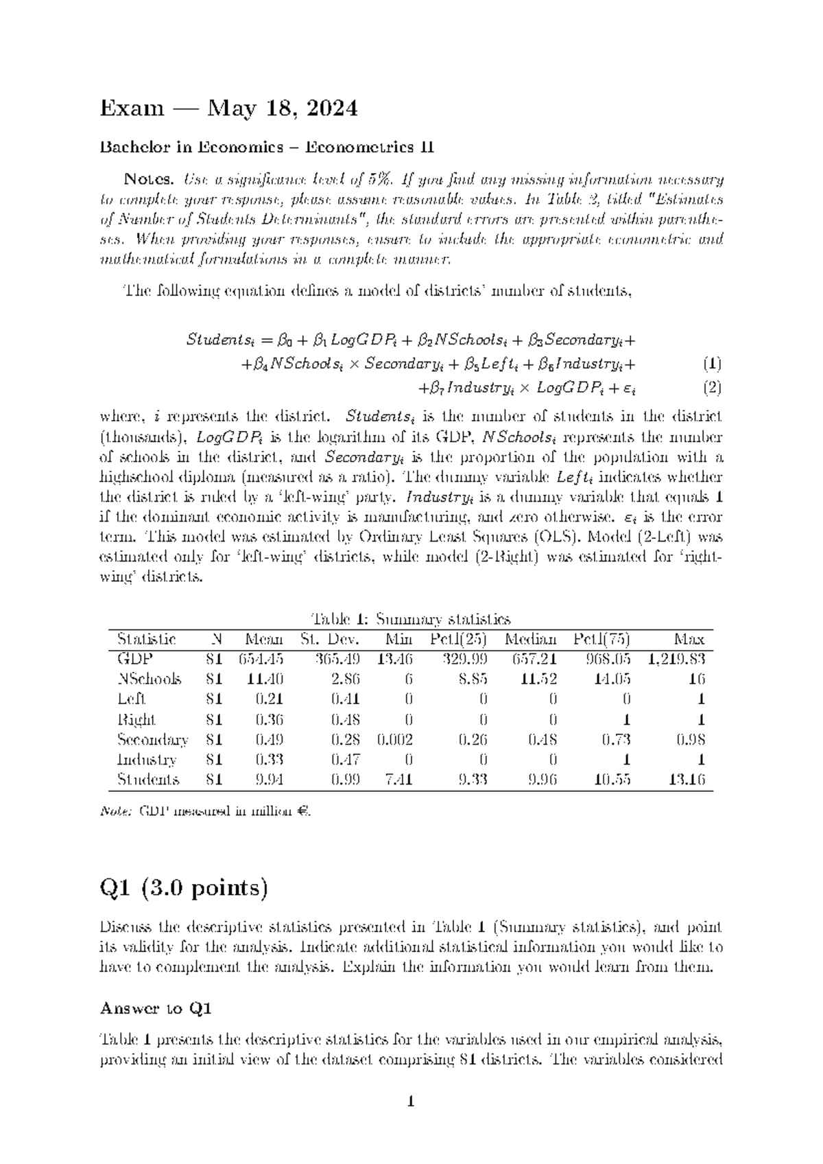 Exam May 18, 2024 - Bachelor in Economics - Econometrics II Notes - Studocu
