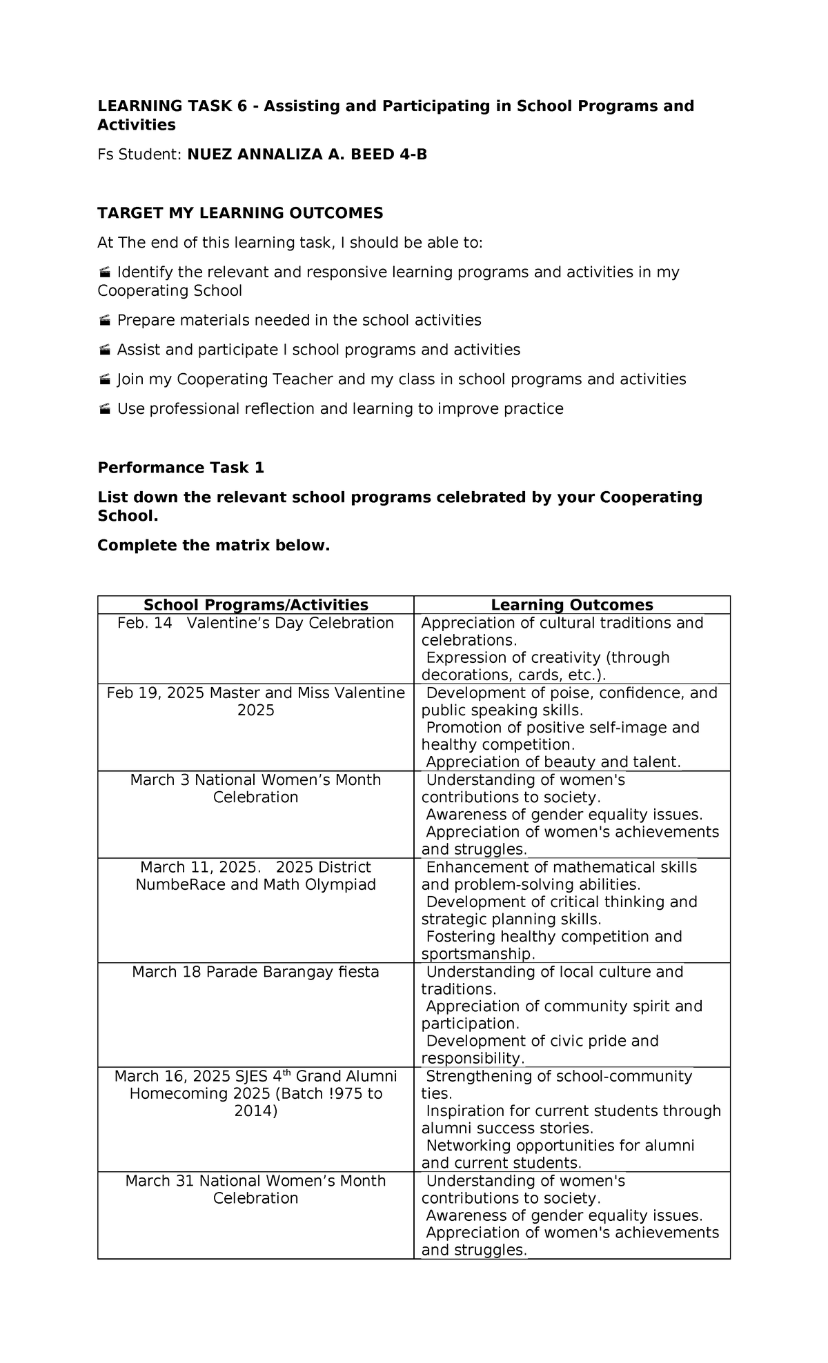 Learning Task 6: Participating in School Programs & Activities (BEED 4 ...