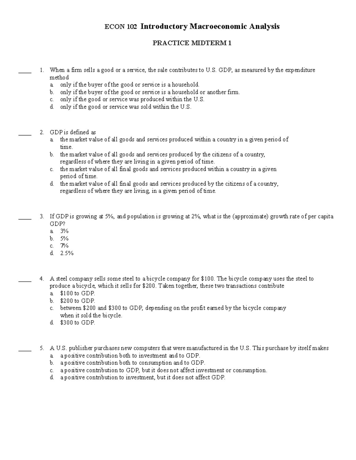 ECON 102 Practice Midterm 1 Answer Key for Macroeconomic Analysis - Studocu