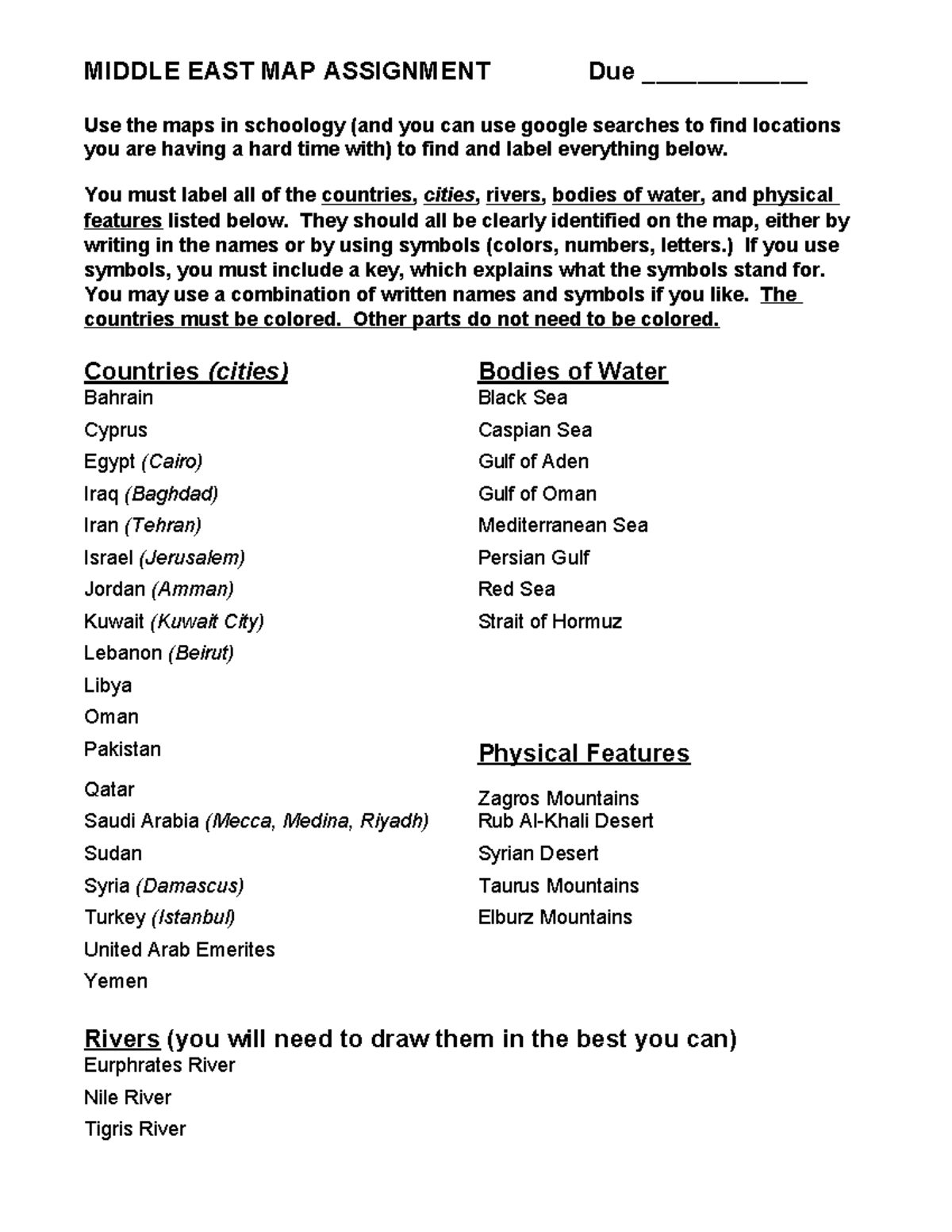 Middle East Map Assignment '22: Labeling Countries & Features - Studocu